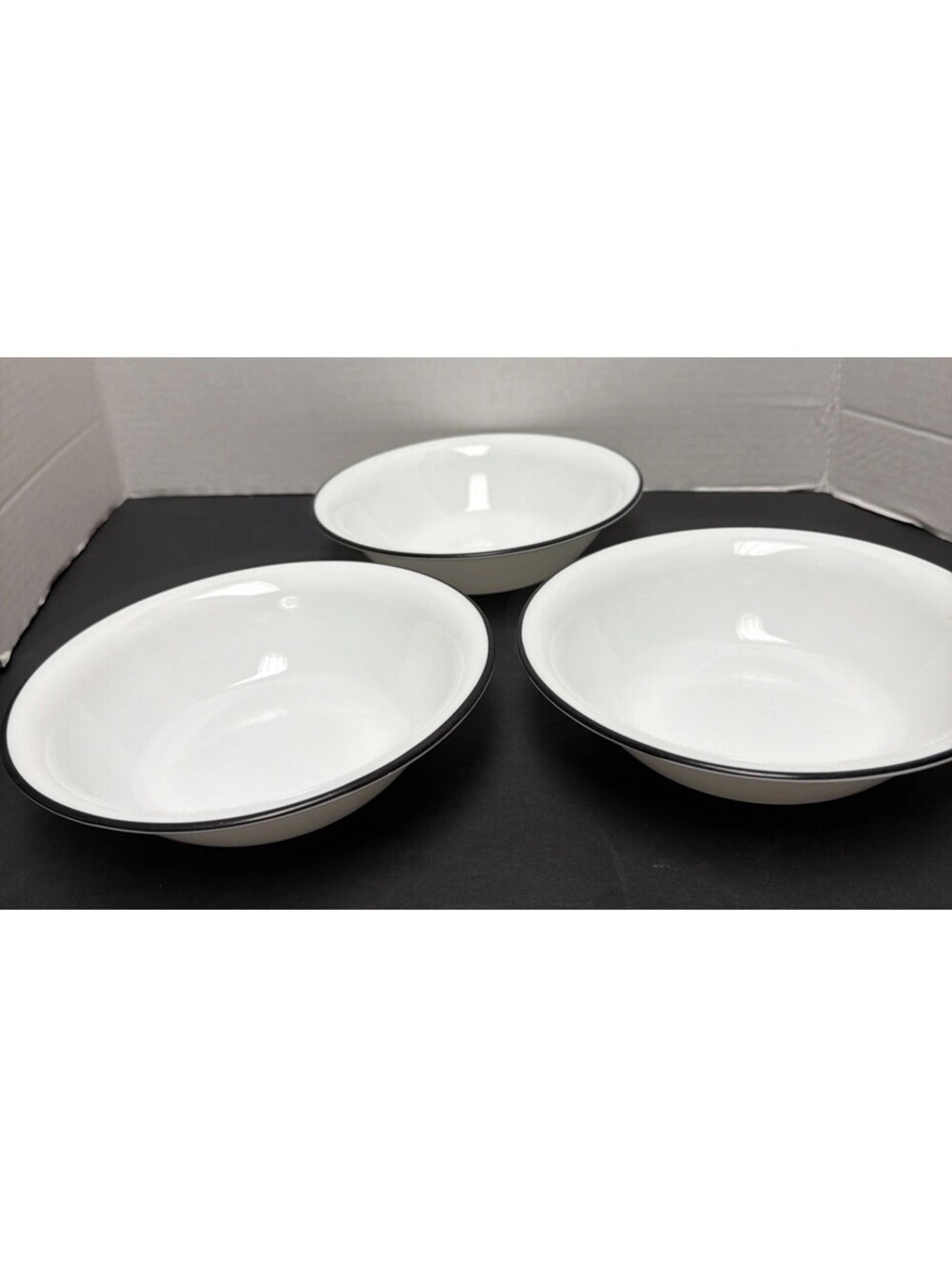 Set Of 3 Corelle Vitrelle Black Rim Soup Cereal Bowls 7.25” Diameter